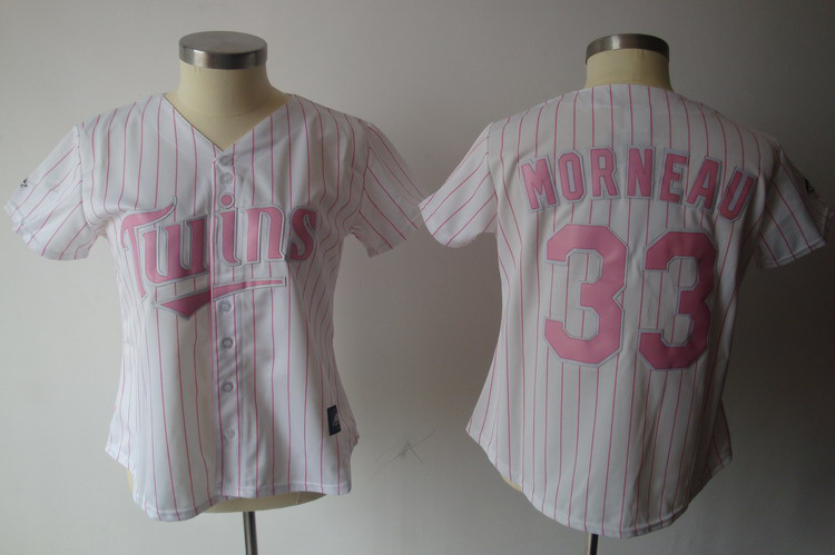 Twins #33 Justin Morneau White Pink Number Women's Fashion Stitched MLB Jersey - Click Image to Close